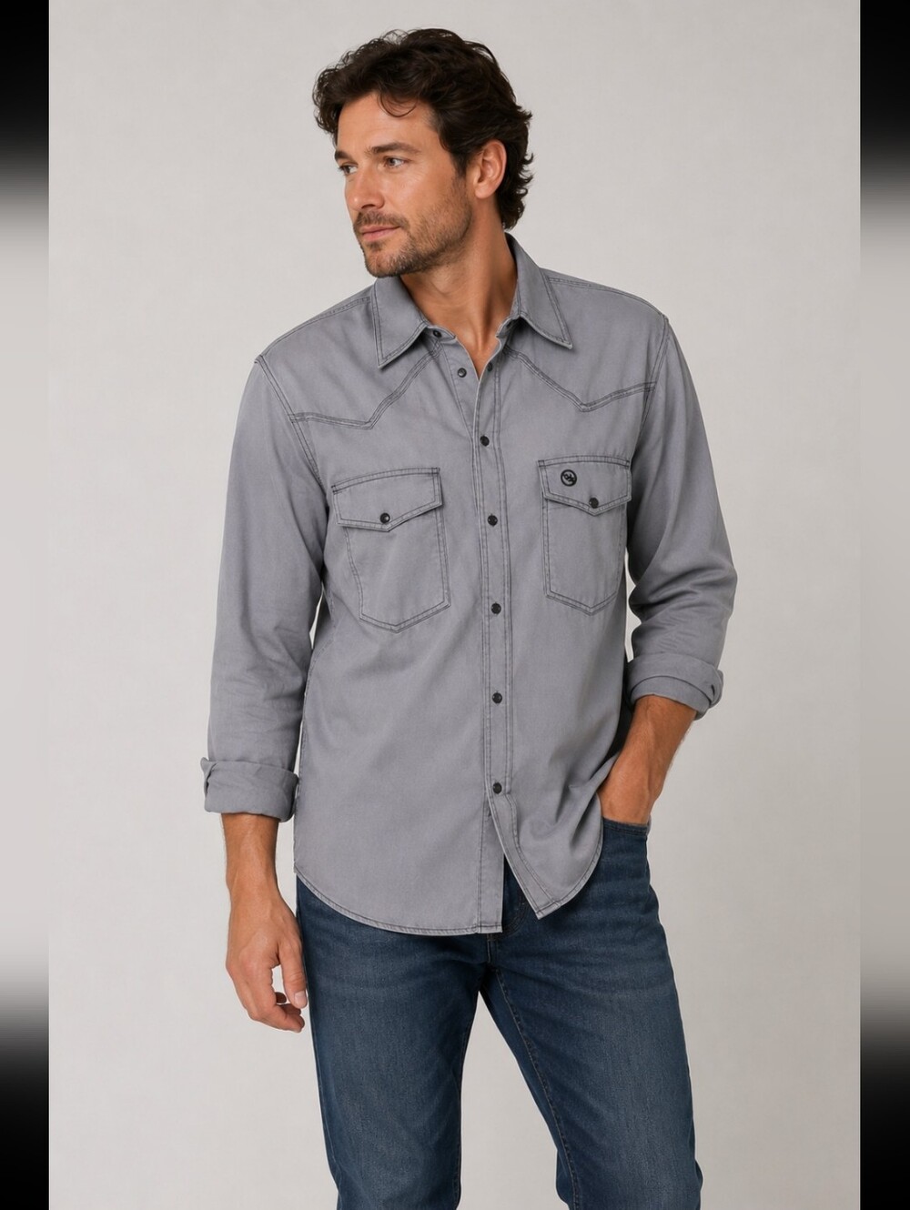 Western Welder Gray Snap Button Shirt Size M Contrast Stitch Western Workwear
